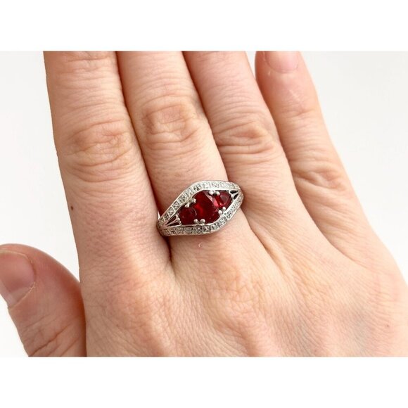 Art Deco Garnet Oval Cut Multi Gemstone Tapered Shank Sterling Silver Ring sz 8 - Picture 8 of 9